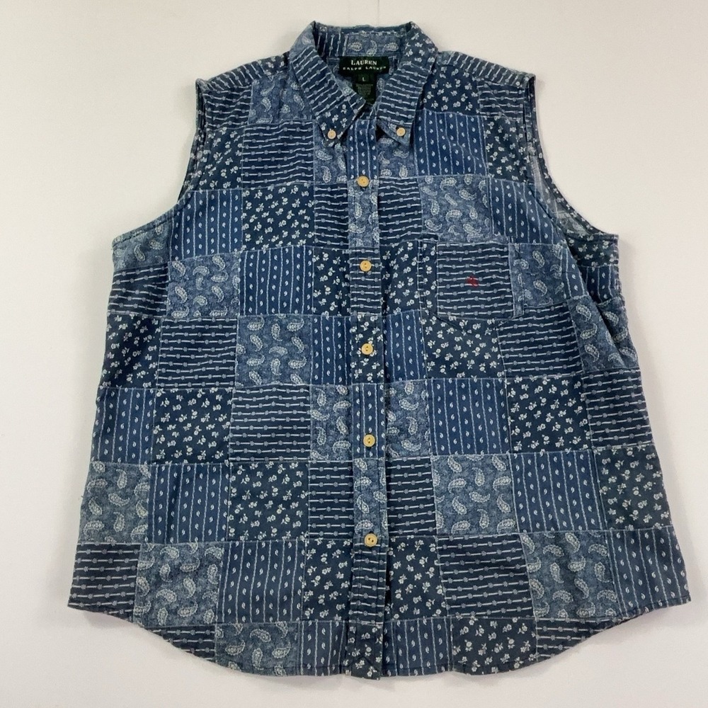 Lauren Ralph Lauren Shirt Womens L Blue Floral Patchwork Sleeveless Button-Up